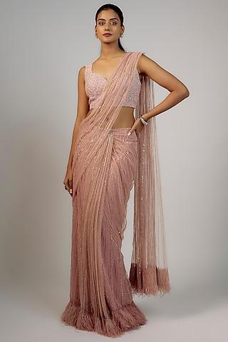 powder pink net & viscose embellished saree set