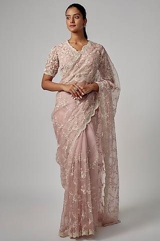 powder pink organza embroidered saree set