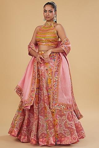 powder pink organza mughal printed lehenga set