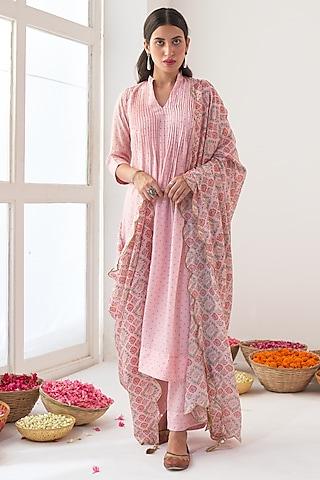 powder pink printed a-line kurta set