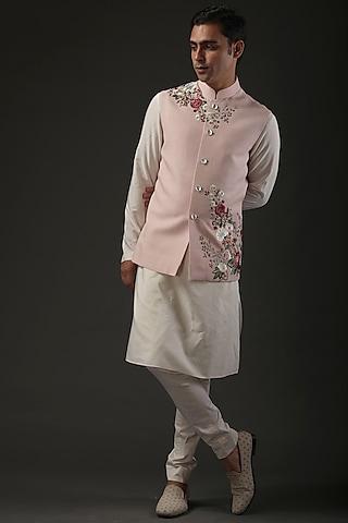 powder pink resham embroidered nehru jacket