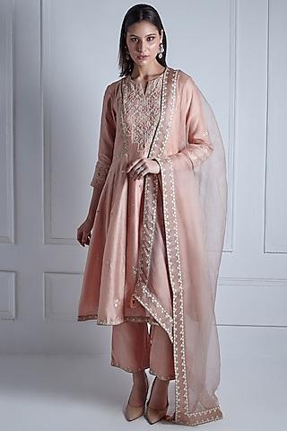 powder pink silk chanderi & organza embroidered kalidar kurta set