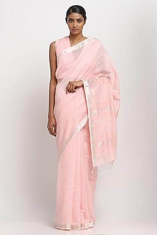 powder pink silk cotton handwoven maheshwari saree