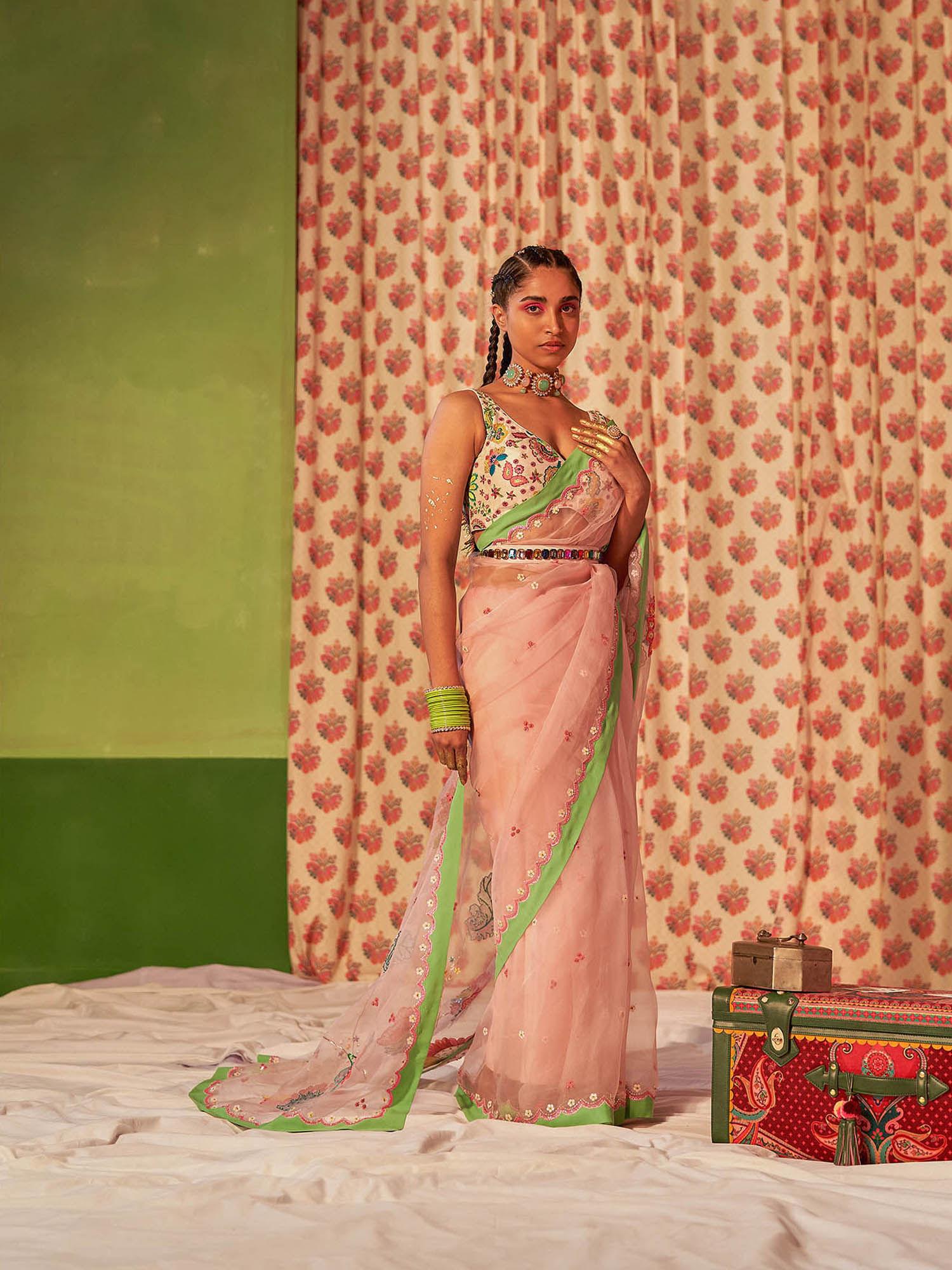 powder pink silk organza embroidered saree with stitched blouse