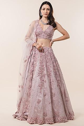 powder pink tulle 3d floral embroidered lehenga set