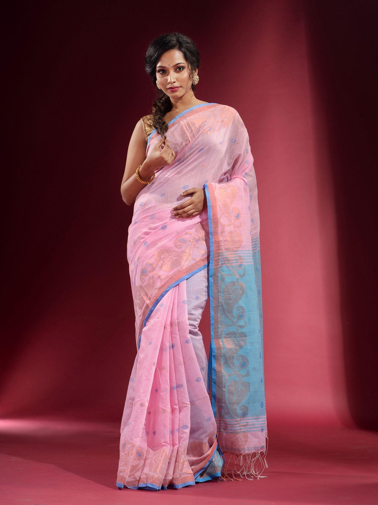 powder pink with zari paisley and floral design saree with unstitched blouse