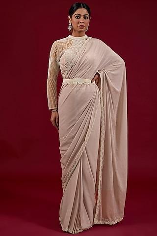 powder pink wrinkle shimmer chiffon pearl embroidered pre-draped saree set