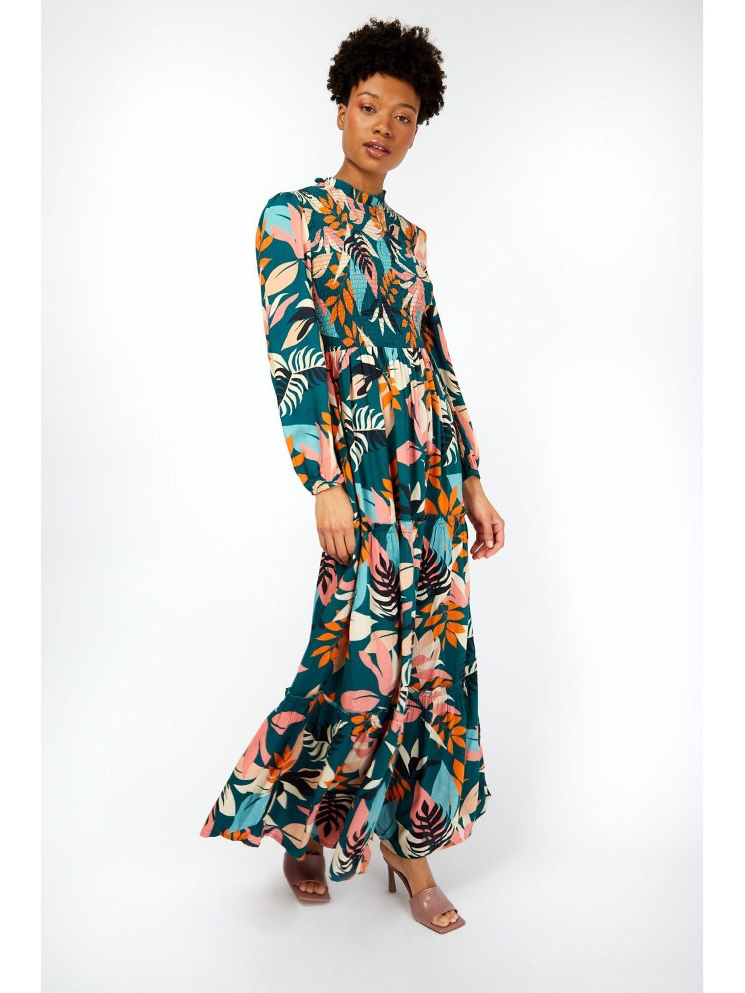 powell leaf print shirred maxi dress