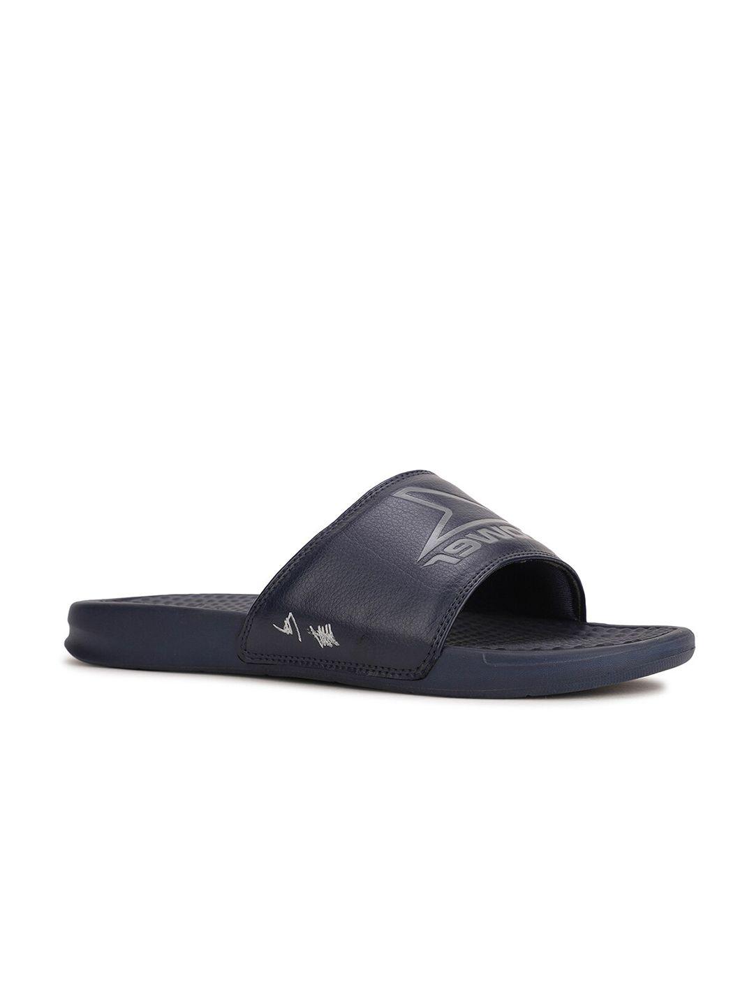 power men navy blue printed sliders