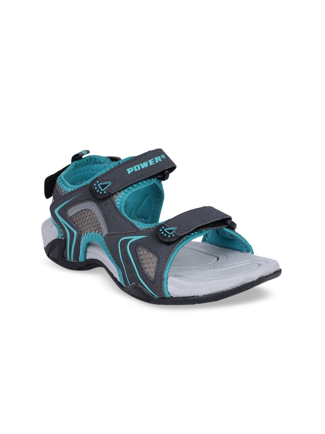 power women grey & teal blue solid sports sandals