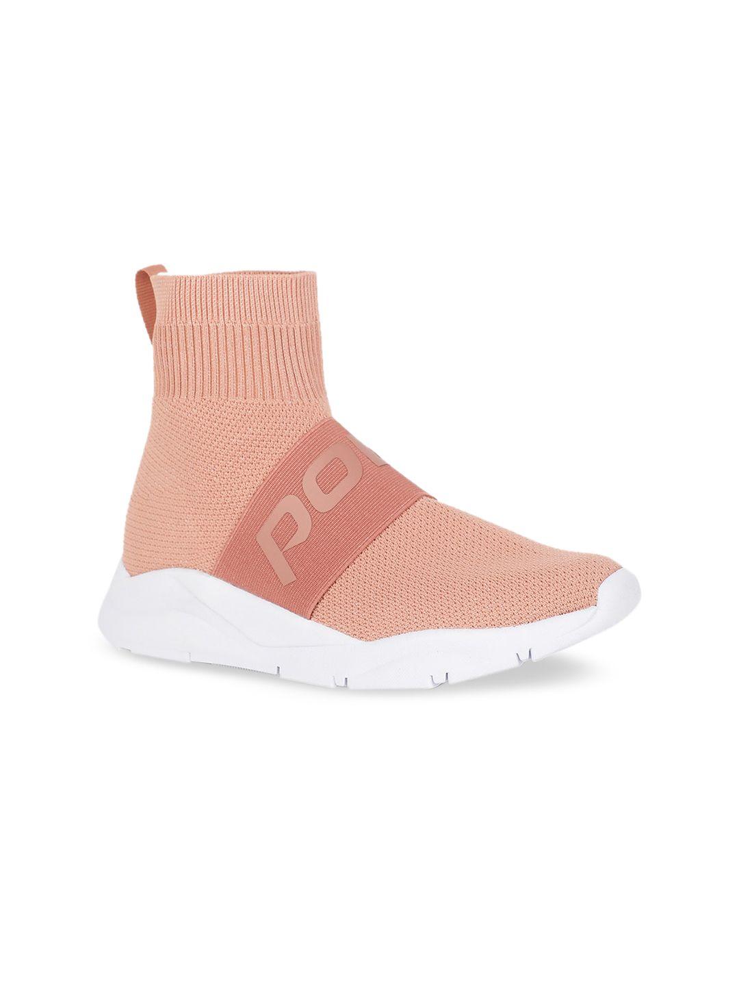 power women peach-coloured solid high-top slip-on sneakers