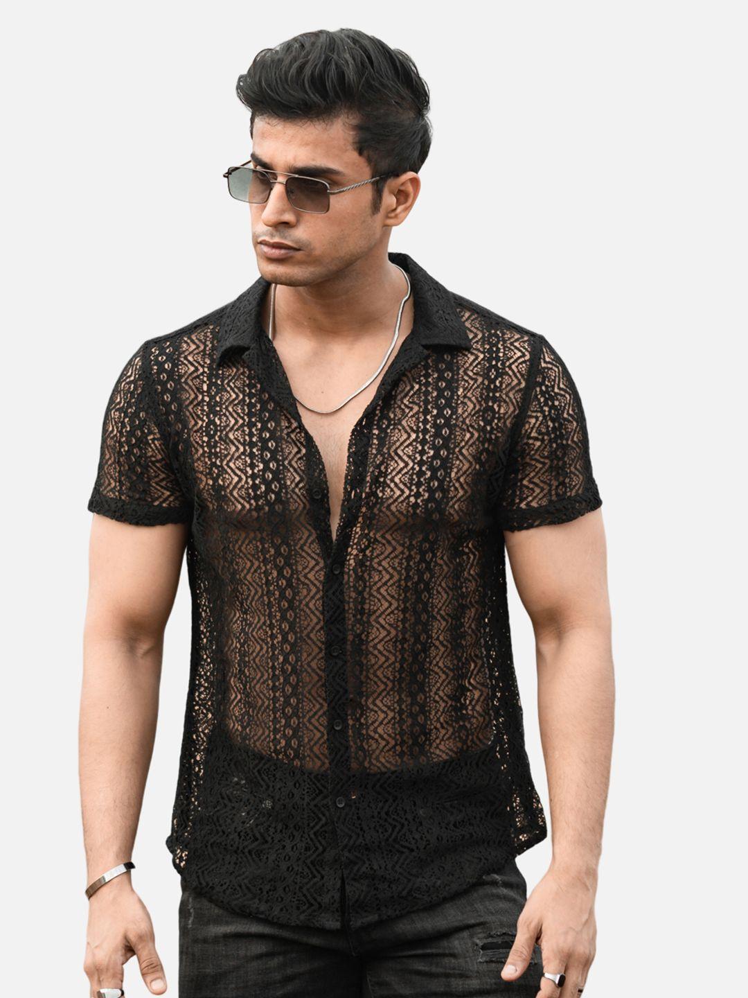 powerlook india slim black self design sheer cotton casual shirt