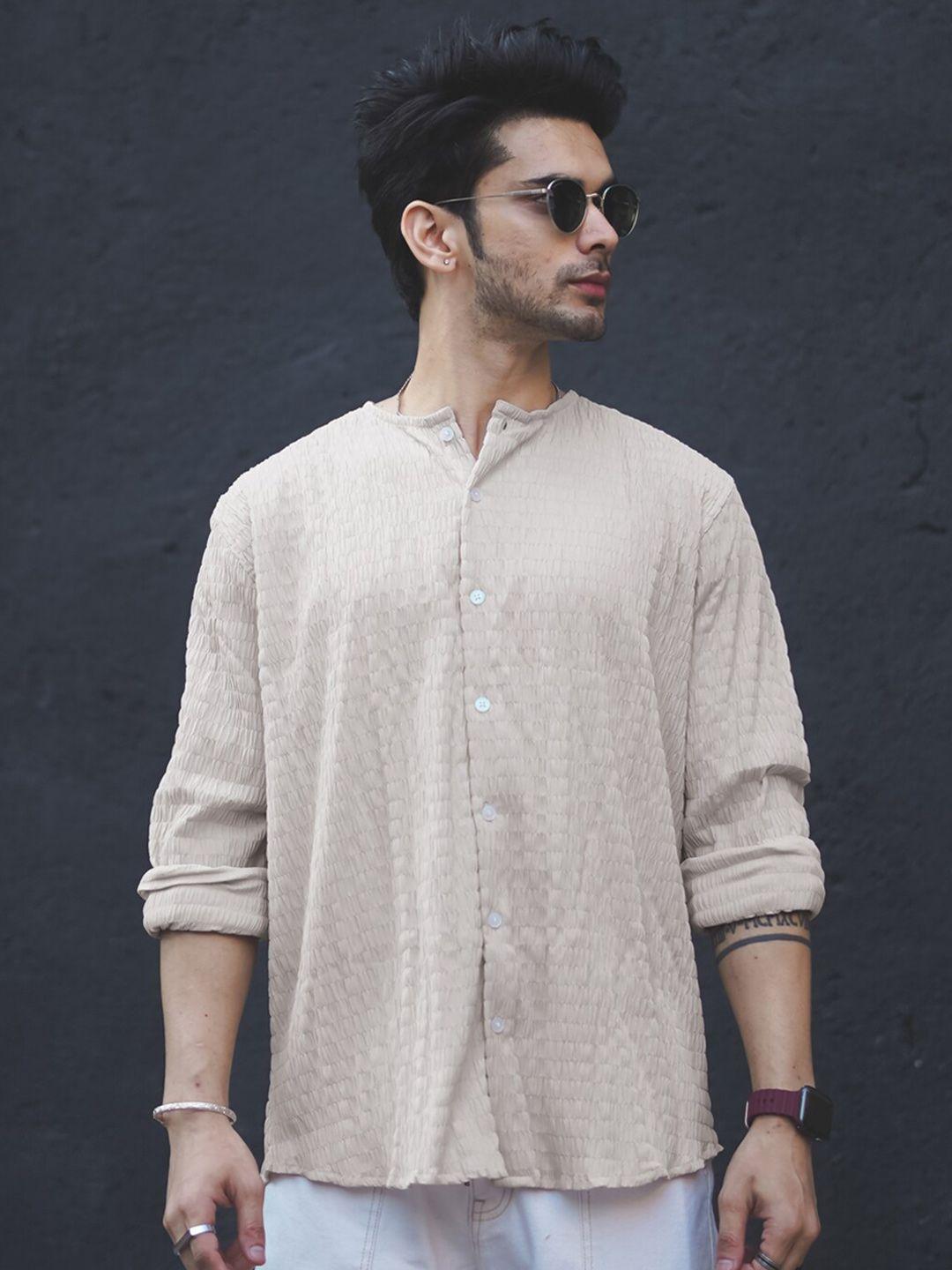 powerlook india slim textured self design mandarin collar casual shirt