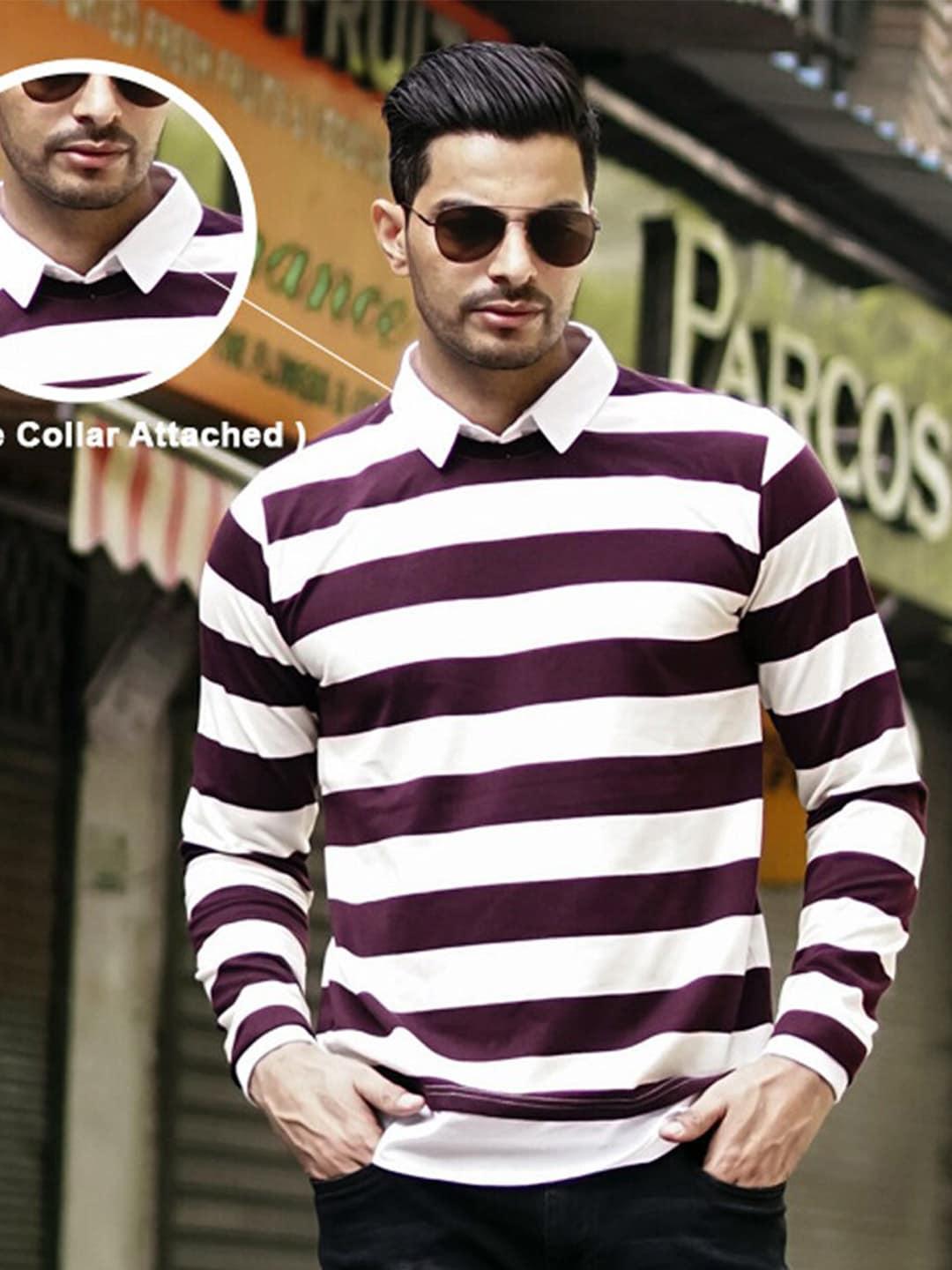powerlook men maroon striped slim fit t-shirt