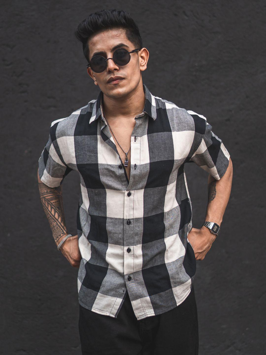 powerlook black india slim oversized gingham checks drop-shoulder sleeves casual shirt