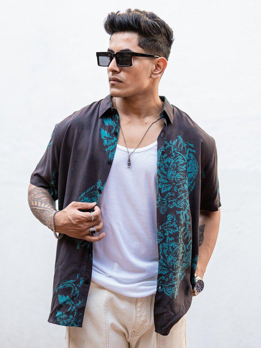 powerlook brown & blue abstract printed india slim fit casual shirt