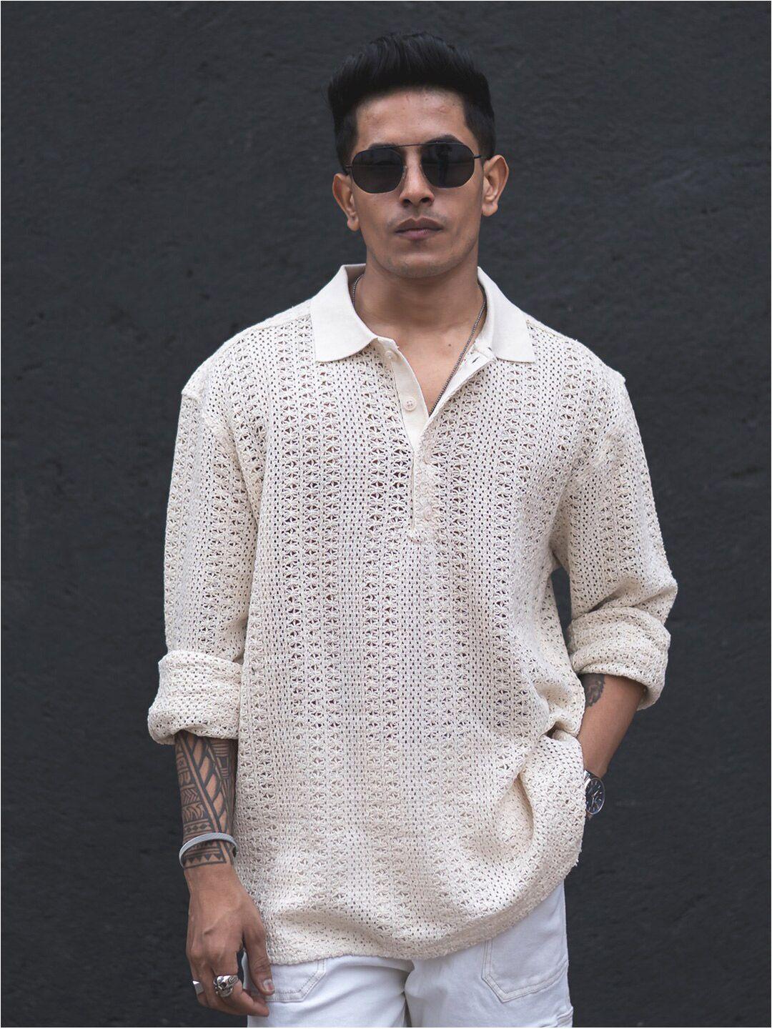 powerlook cream coloured cotton oversized semi sheer knitted casual shirt