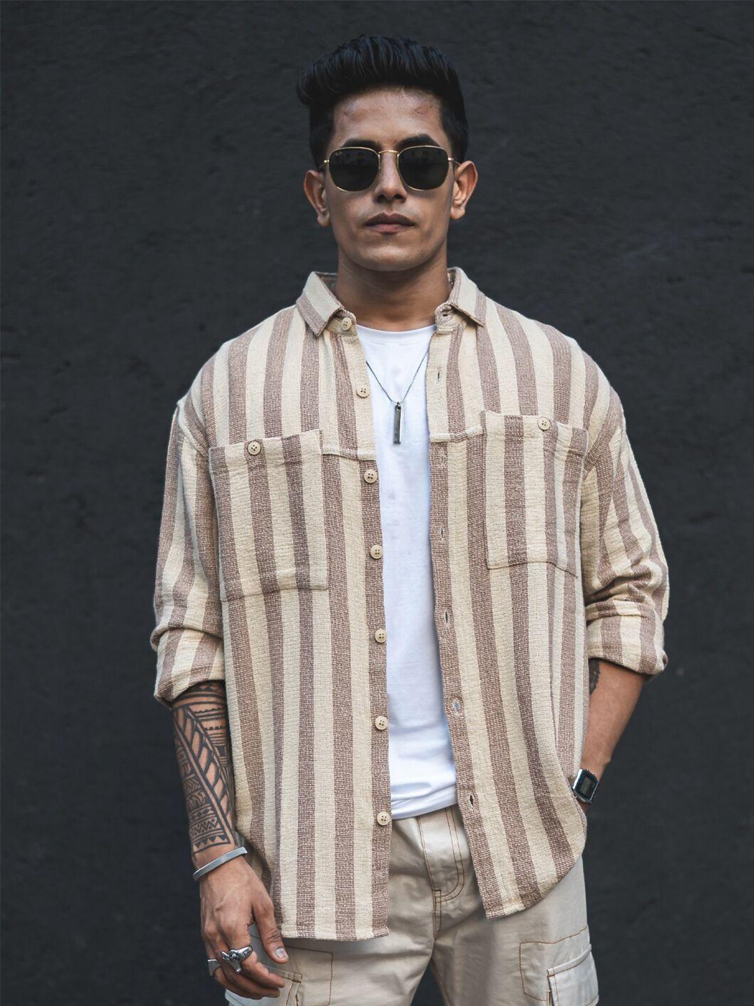 powerlook cream-coloured vertical striped india slim oversized casual shirt
