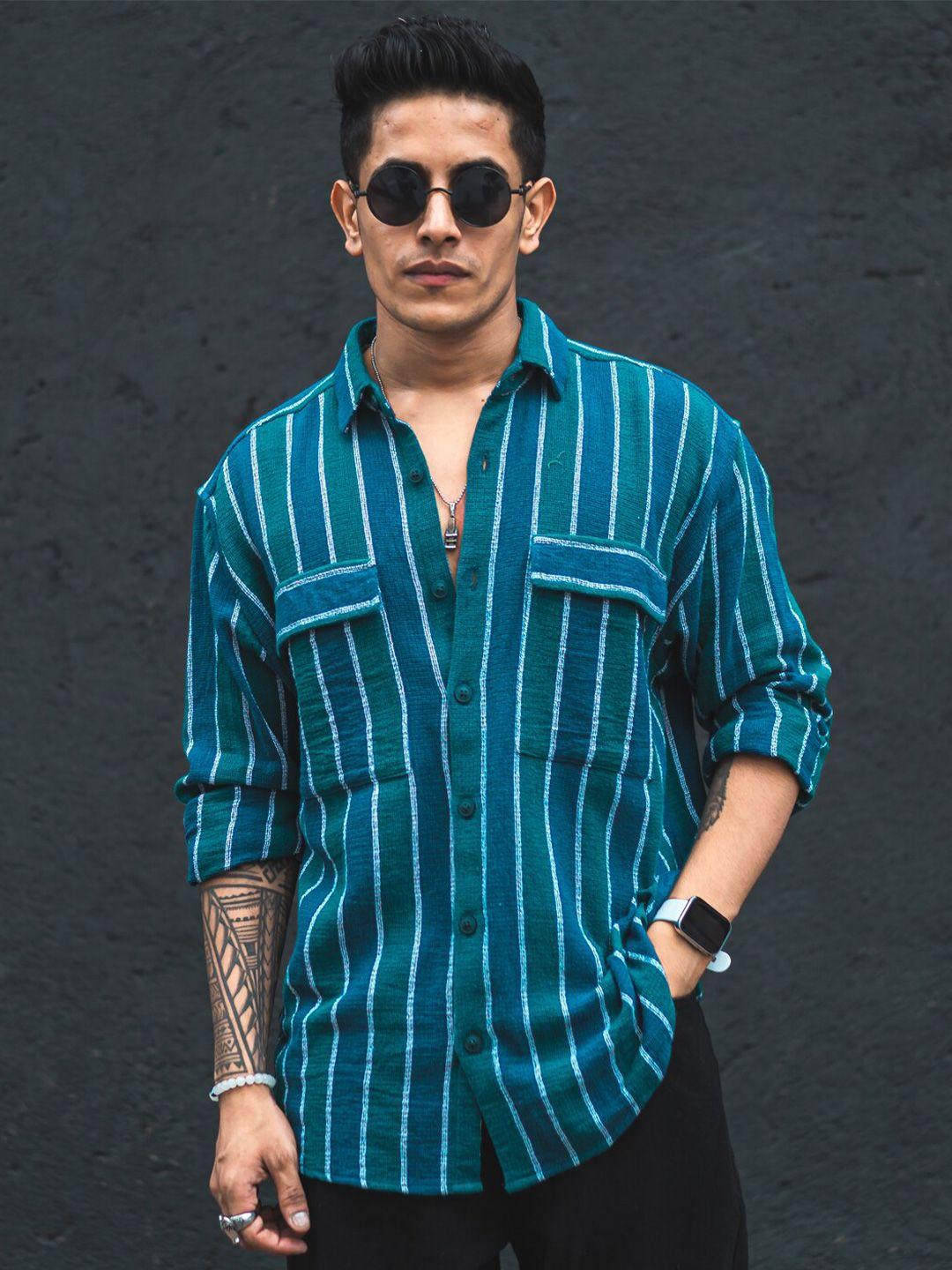 powerlook green india slim striped oversized casual shirt