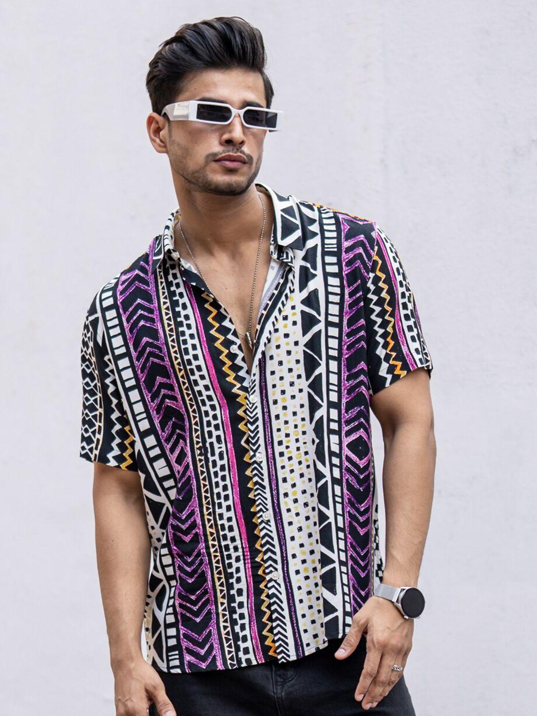 powerlook india slim white and black geometric printed casual shirt