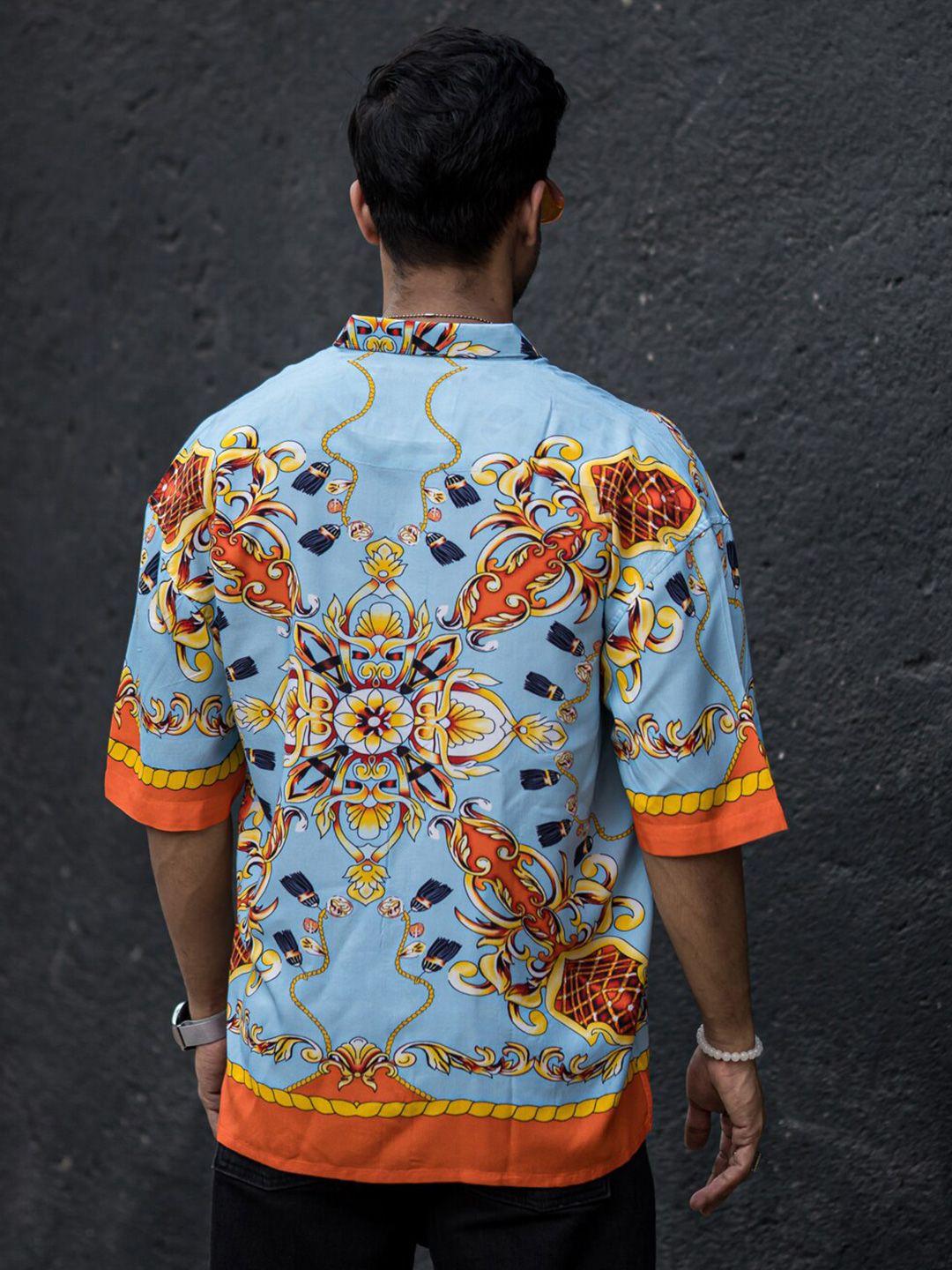 powerlook men blue & orange india slim printed drop shoulder sleeves boxy casual shirt