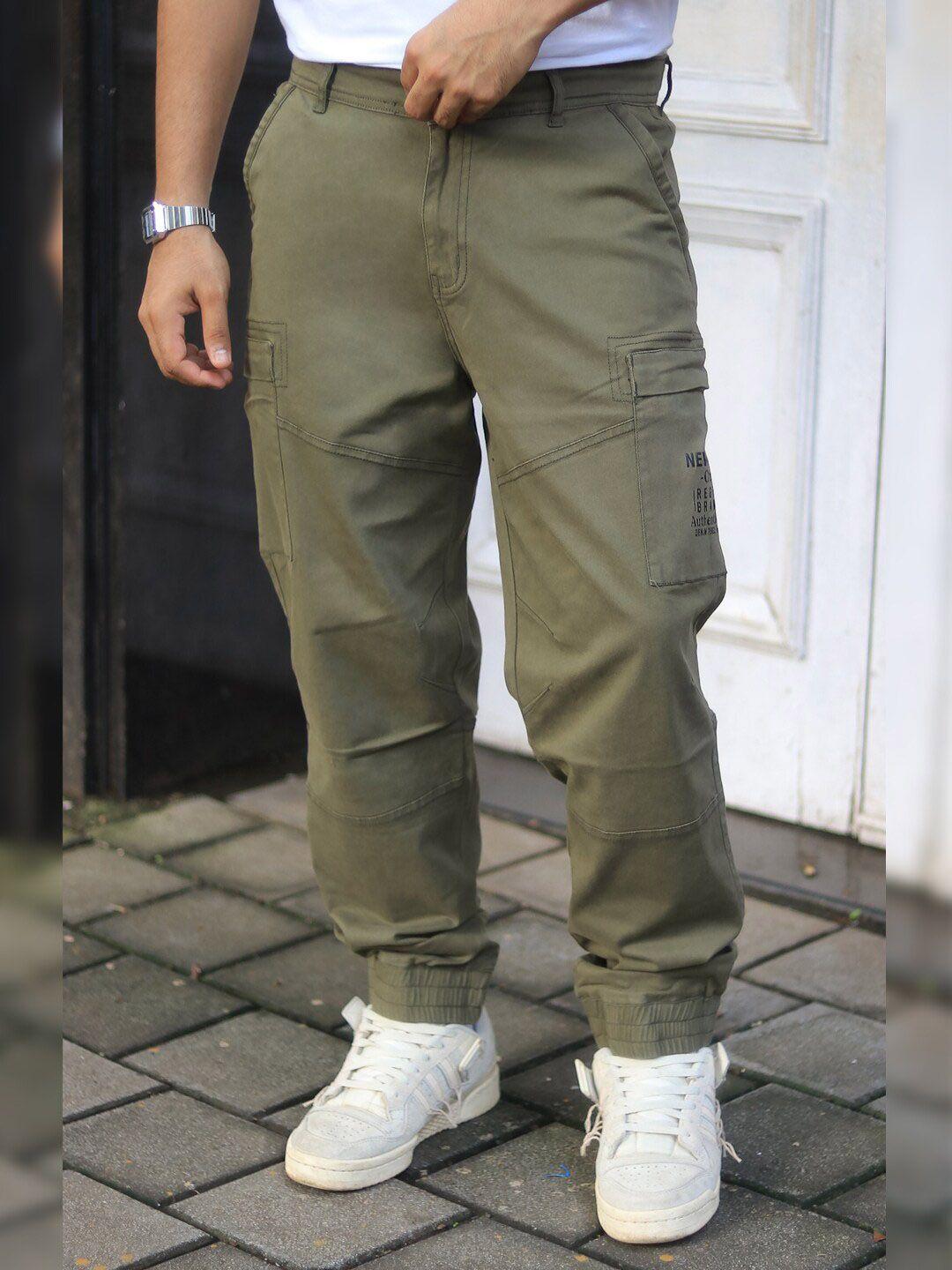 powerlook men olive green pure cotton mid-rise cargos trousers