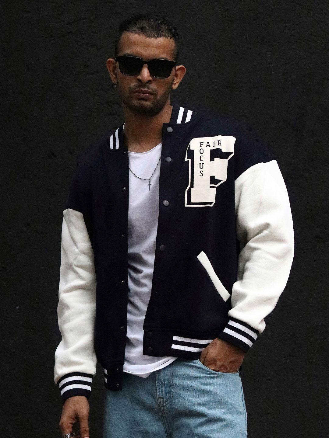 powerlook men typography printed organic cotton varsity jacket