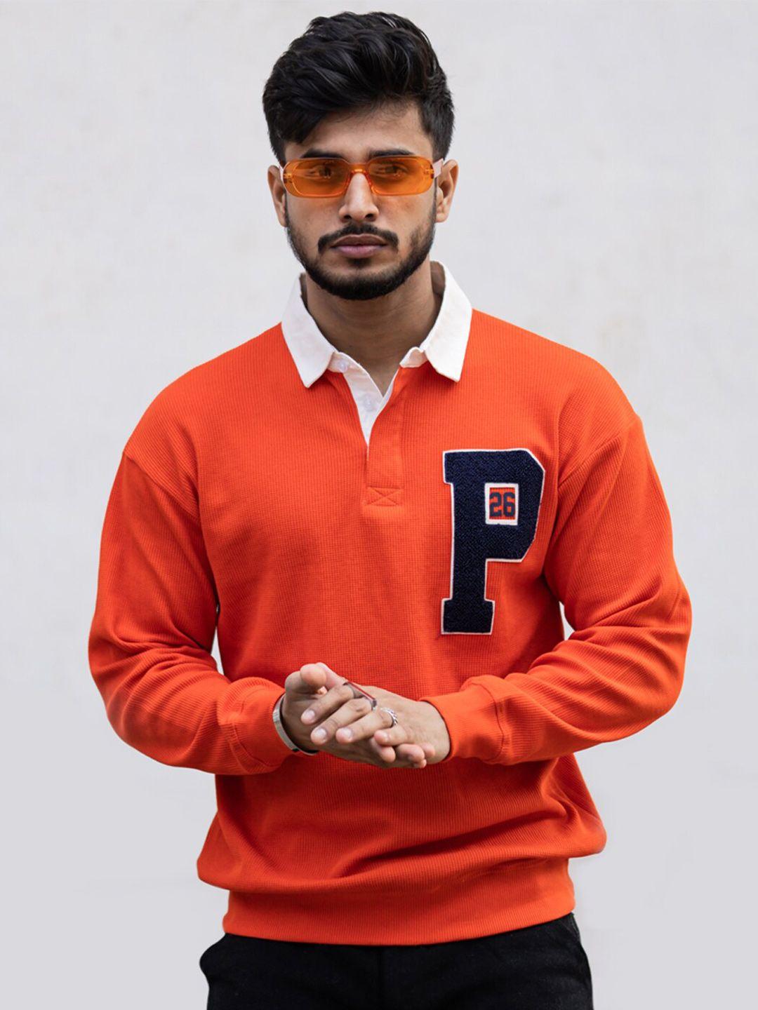 powerlook orange polo collar long sleeves cotton oversize orange t-shirt