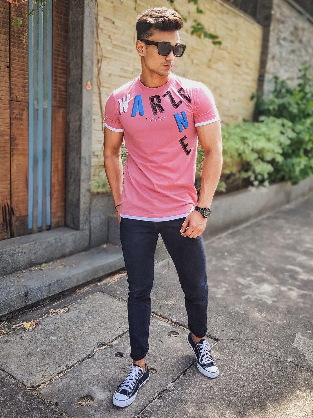 powerlook pink, blue & black typography printed cotton t-shirt