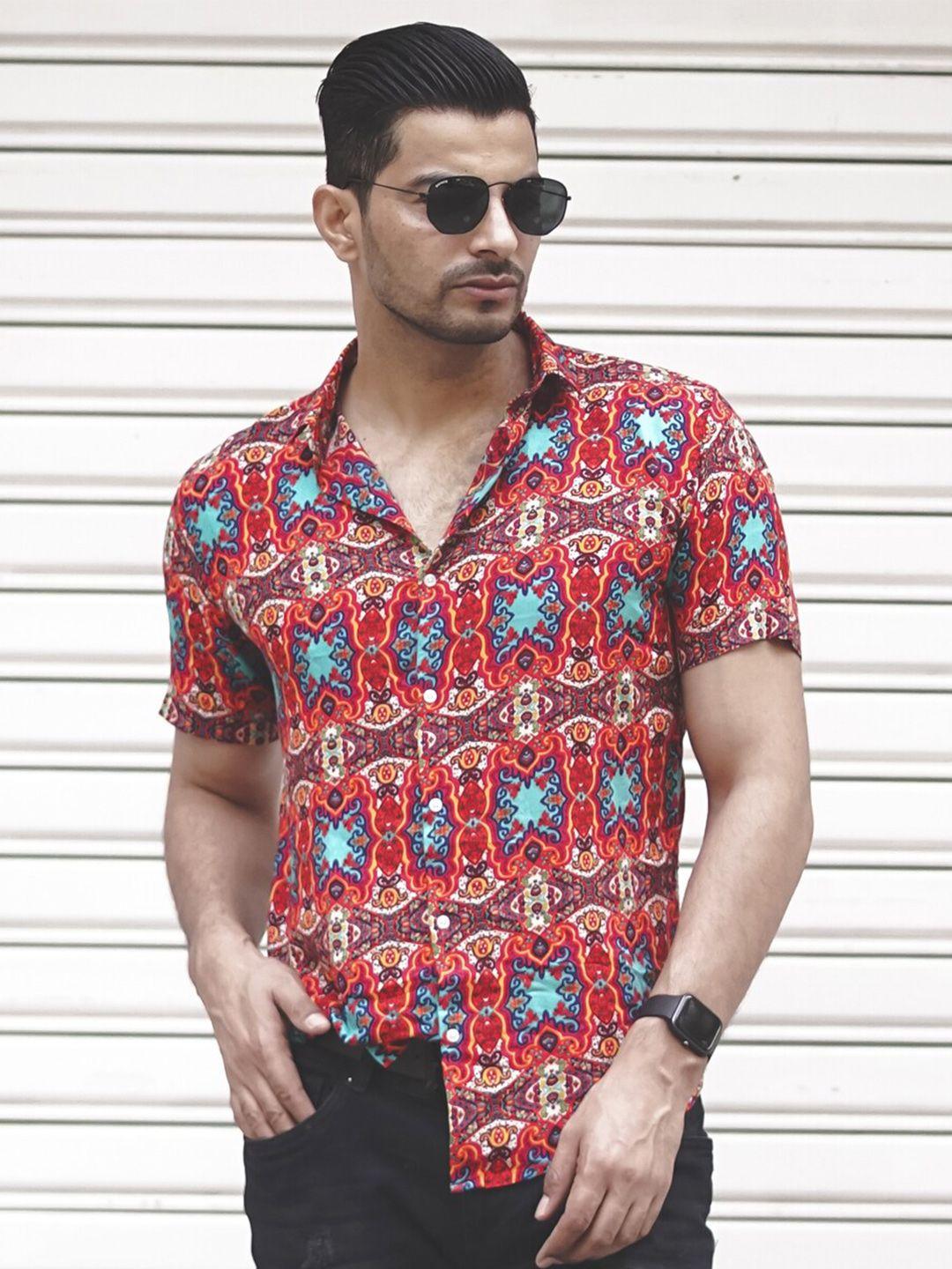 powerlook red ethnic motifs printed short sleeve casual shirt