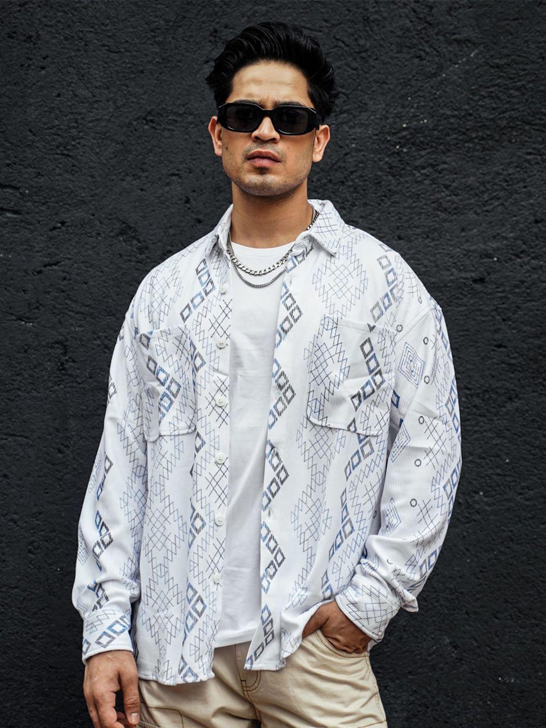 powerlook white india slim oversized geometric printed casual shirt