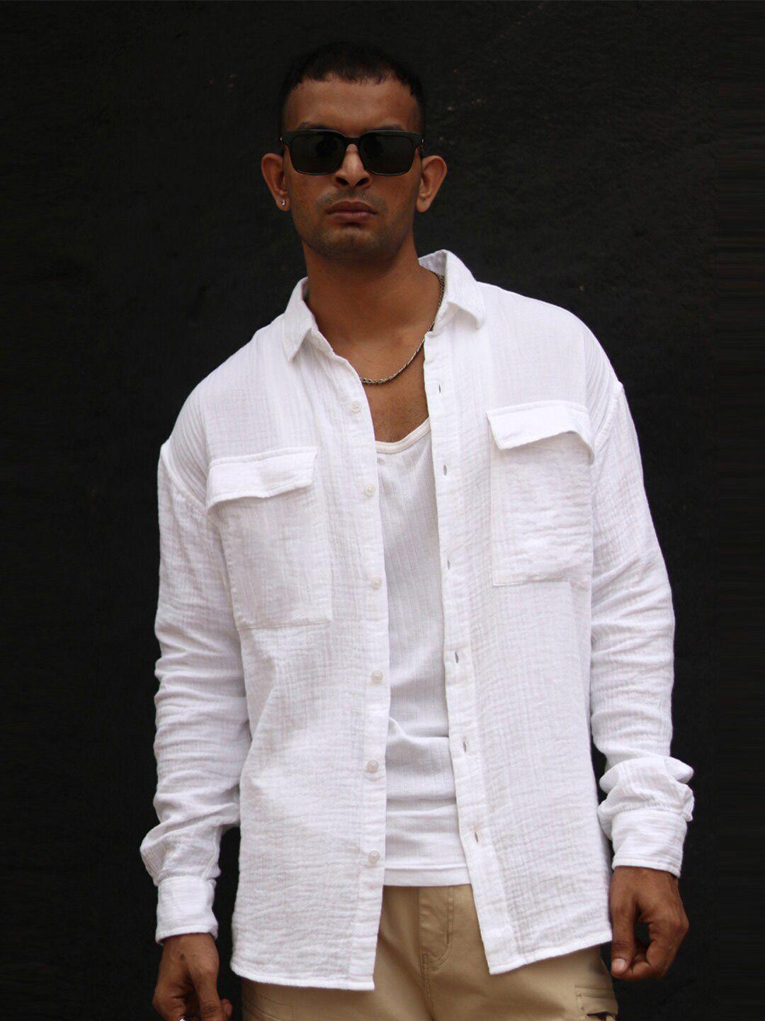 powerlook white india slim oversized textured opaque casual shirt