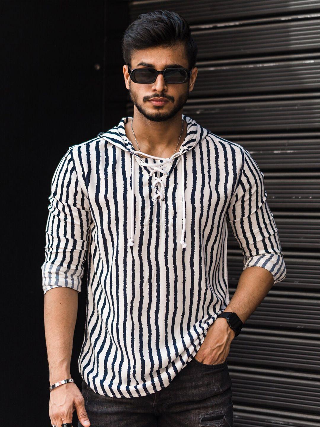 powerlook white india slim striped hooded casual shirt