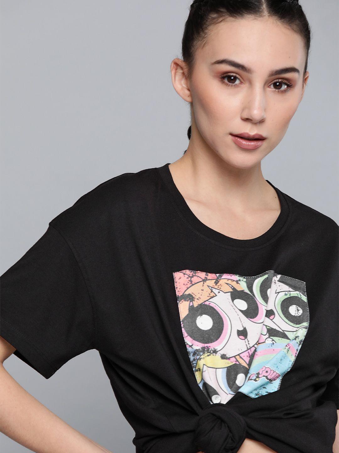 powerpuff girls by kook n keech women black longline printed t-shirt