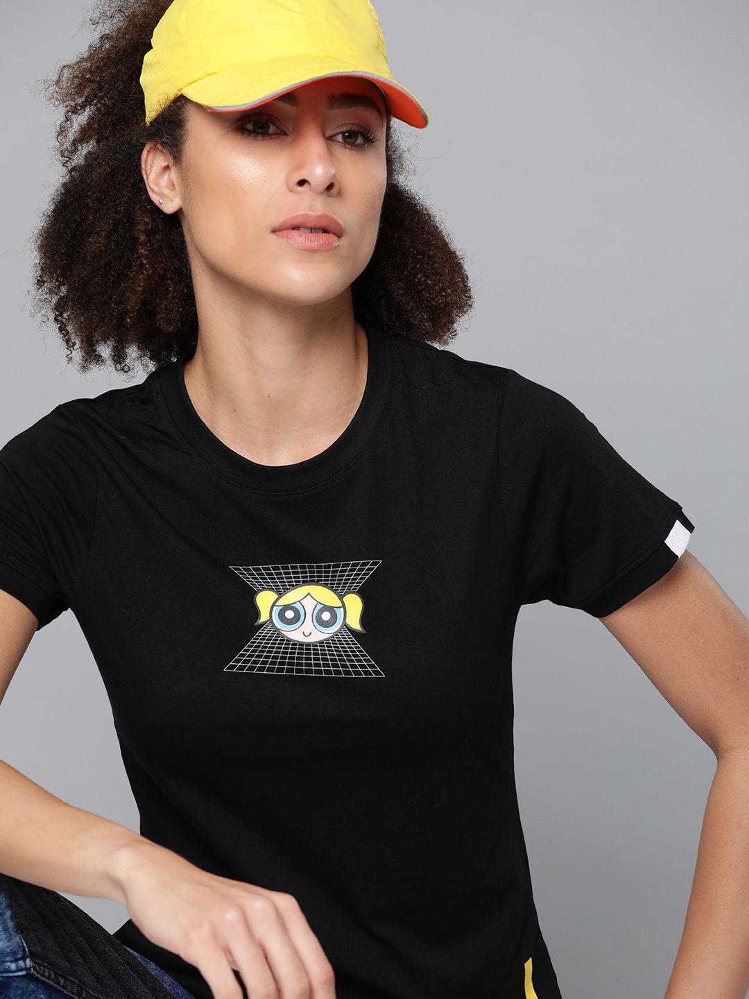 powerpuff girls by kook n keech women black pure cotton printed pure cotton t-shirt