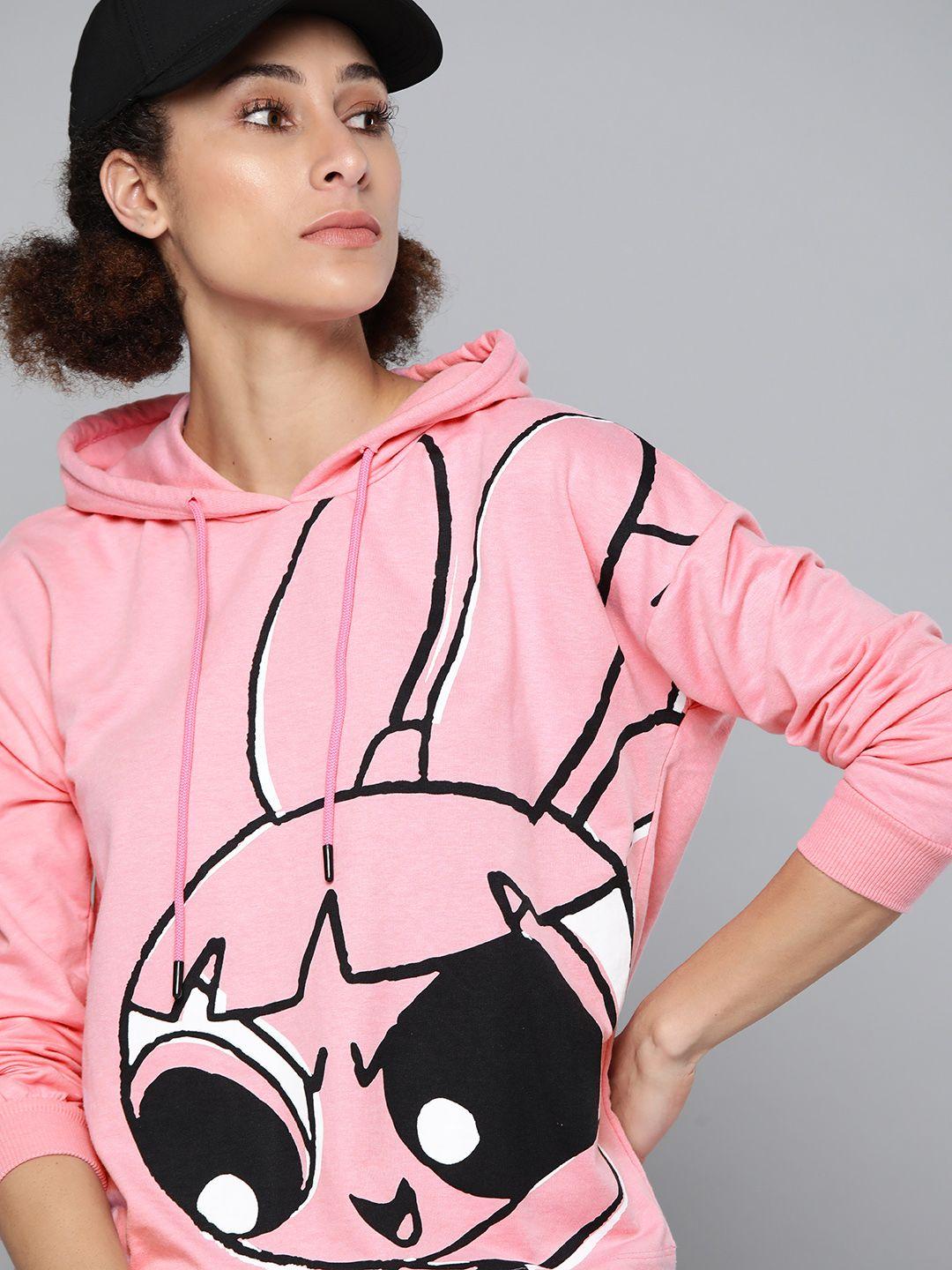 powerpuff girls by kook n keech women pink & black printed hooded sweatshirt