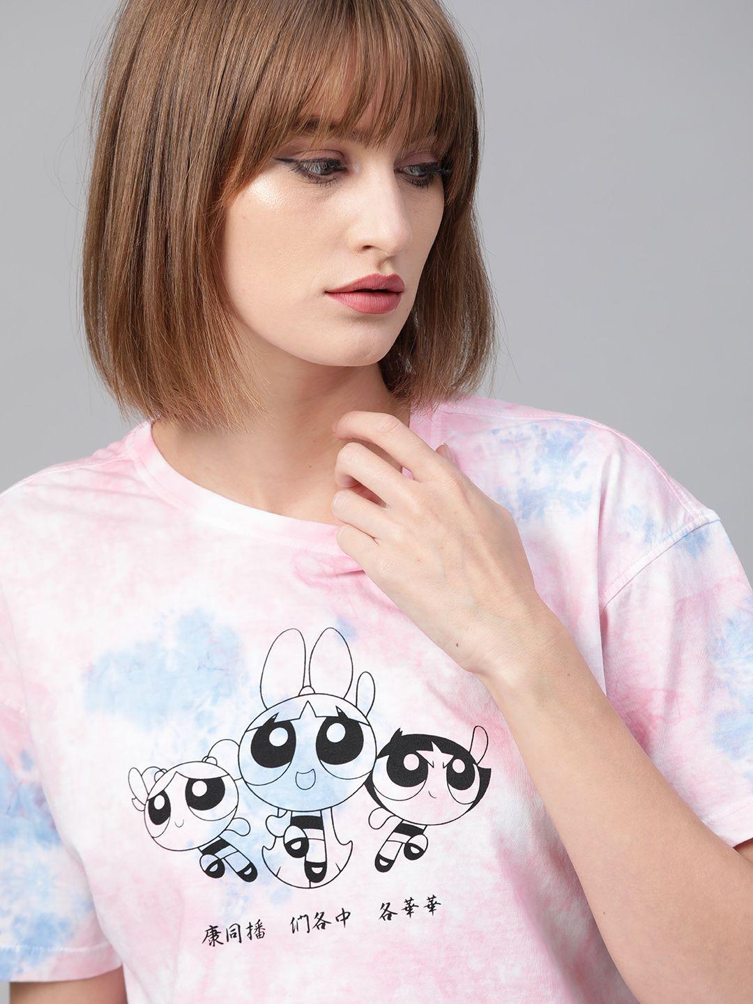 powerpuff girls by kook n keech women pink & blue printed dyed effect cropped boxy t-shirt