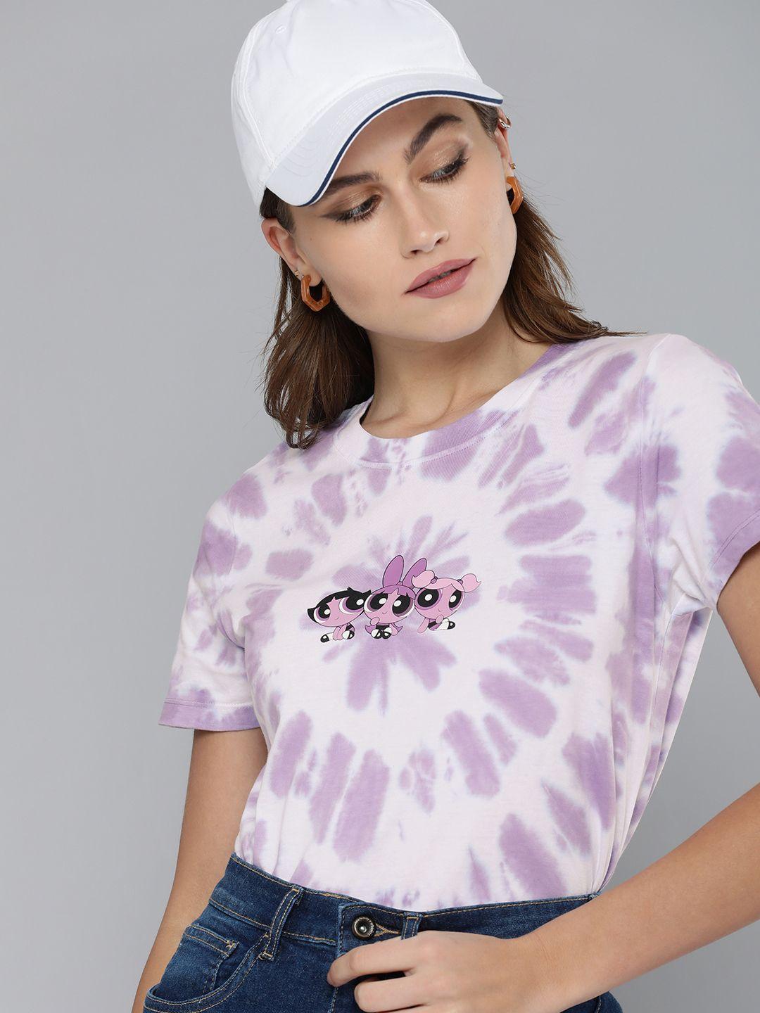 powerpuff girls by kook n keech women violet & white tie and dye printed pure cotton t-shirt