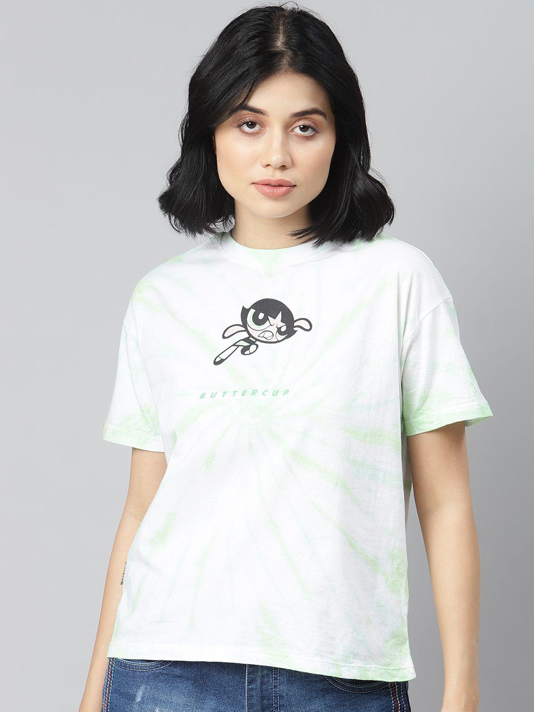 powerpuff girls by kook n keech women white  green dyed round neck pure cotton t-shirt