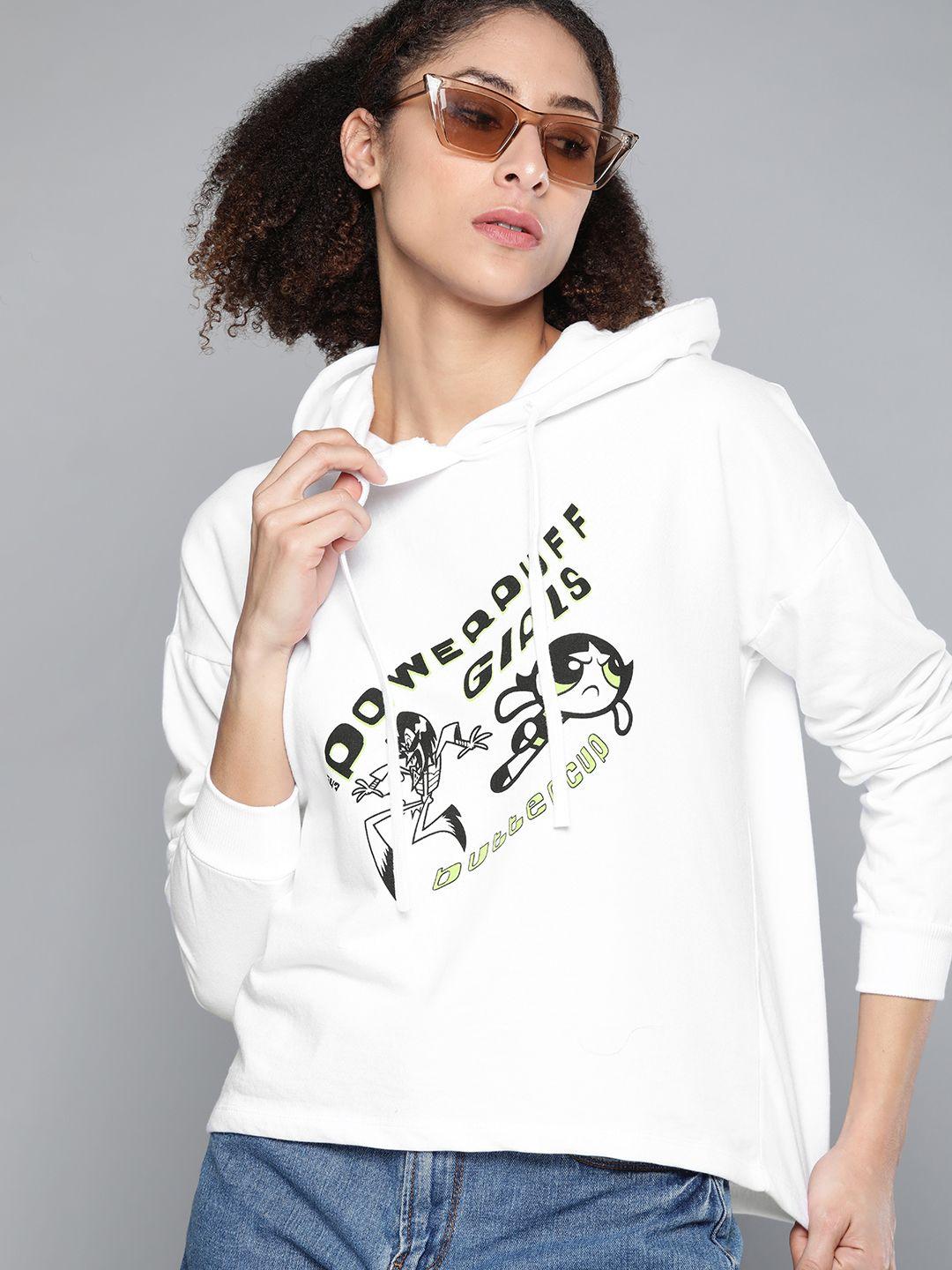 powerpuff girls by kook n keech women white printed hooded sweatshirt