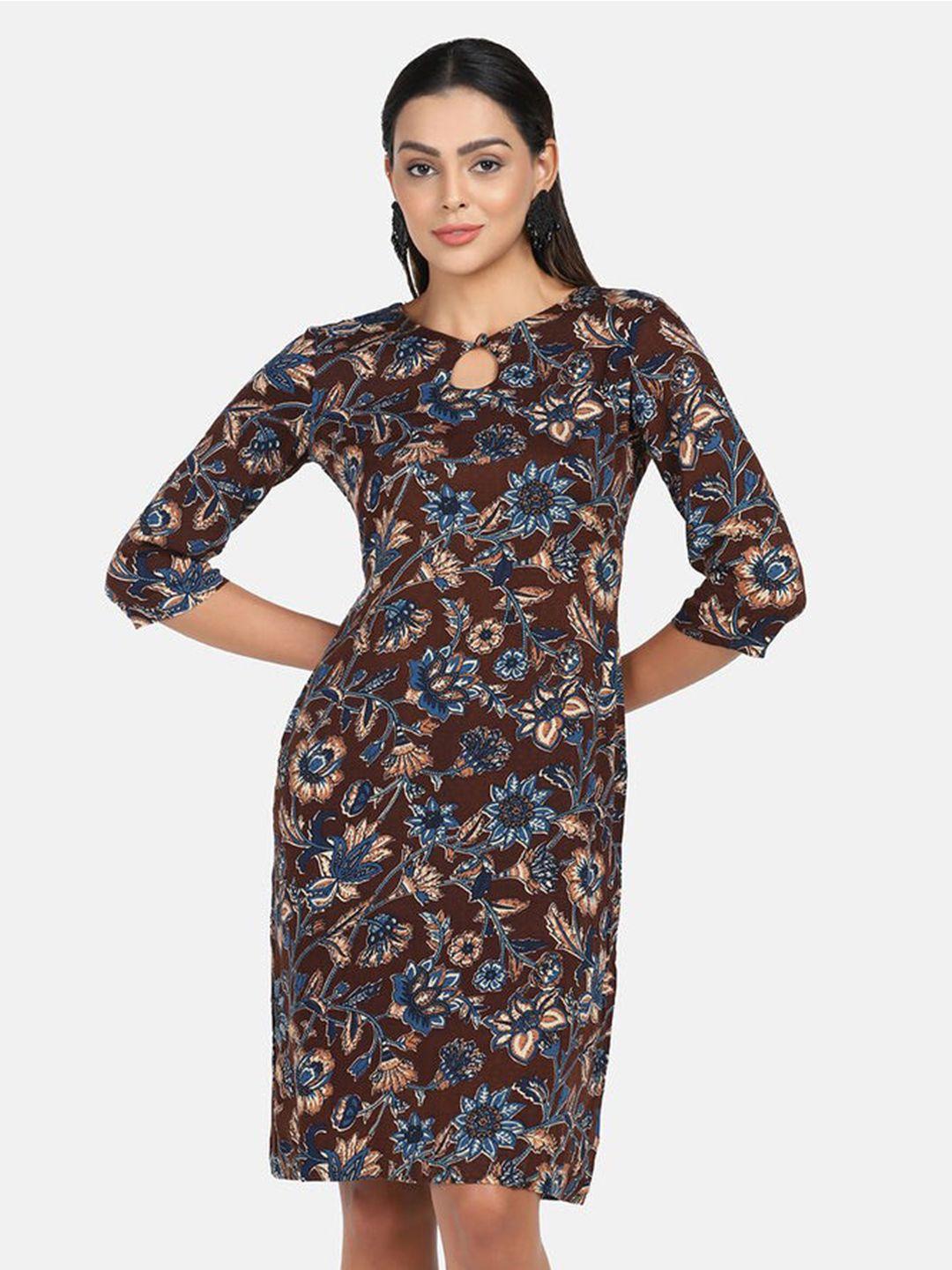 powersutra brown & blue floral cotton sheath dress
