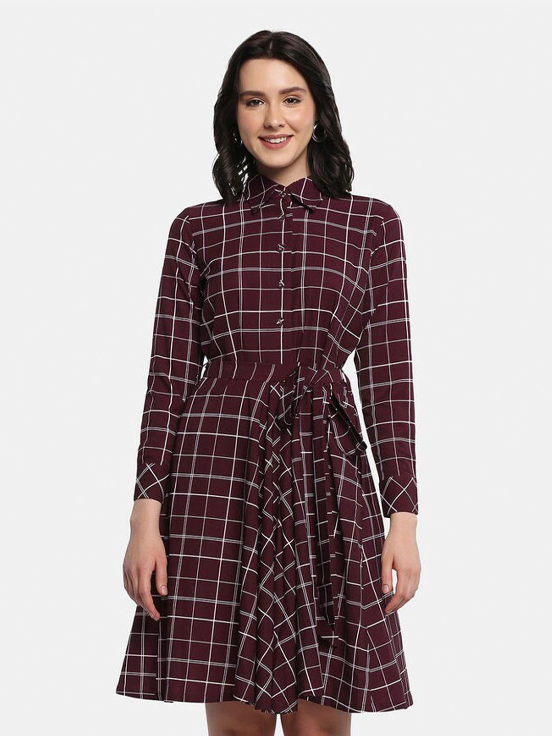 powersutra maroon checked crepe a-line dress