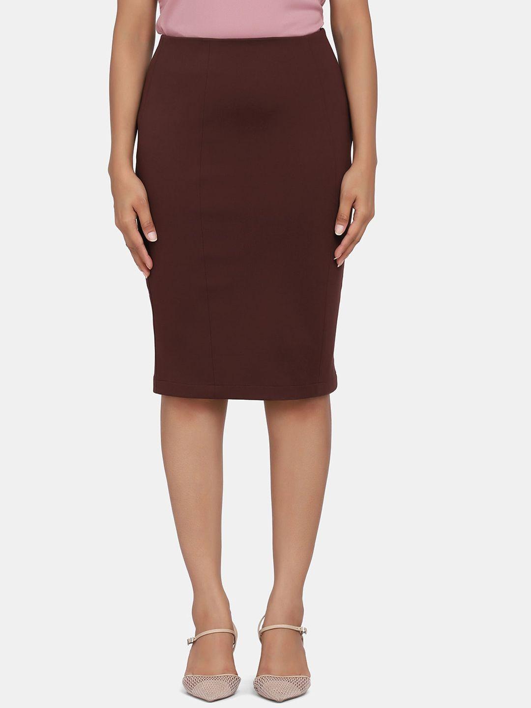 powersutra women brown solid knee length pencil skirts