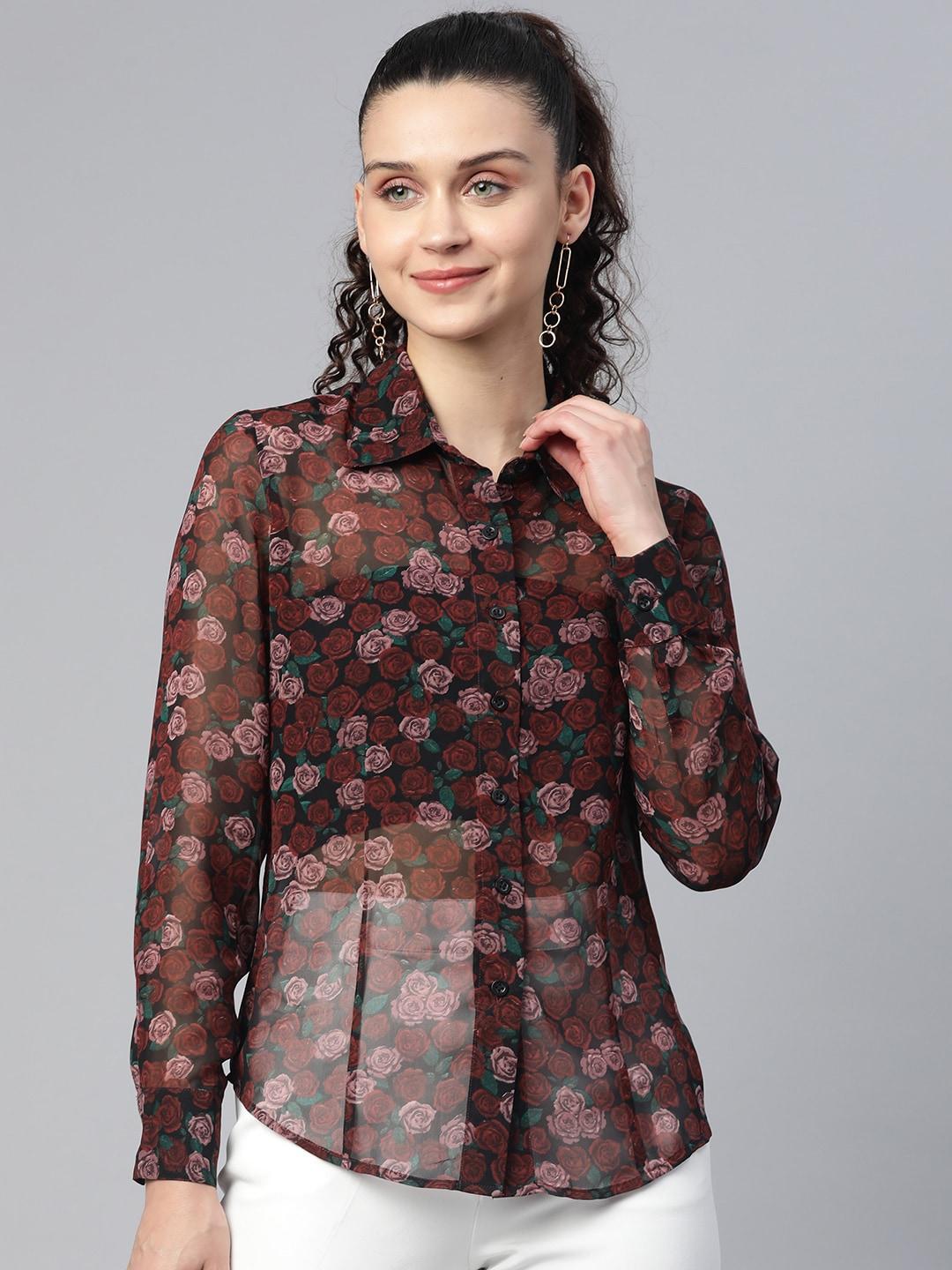 powersutra women maroon comfort floral semi sheer printed casual shirt