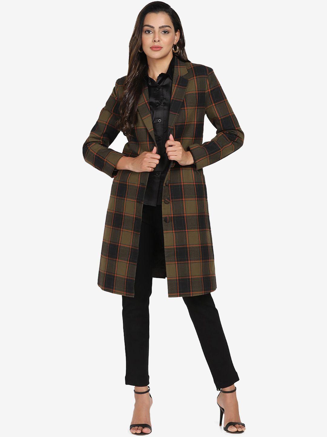 powersutra women olive green black checked longline open front jacket