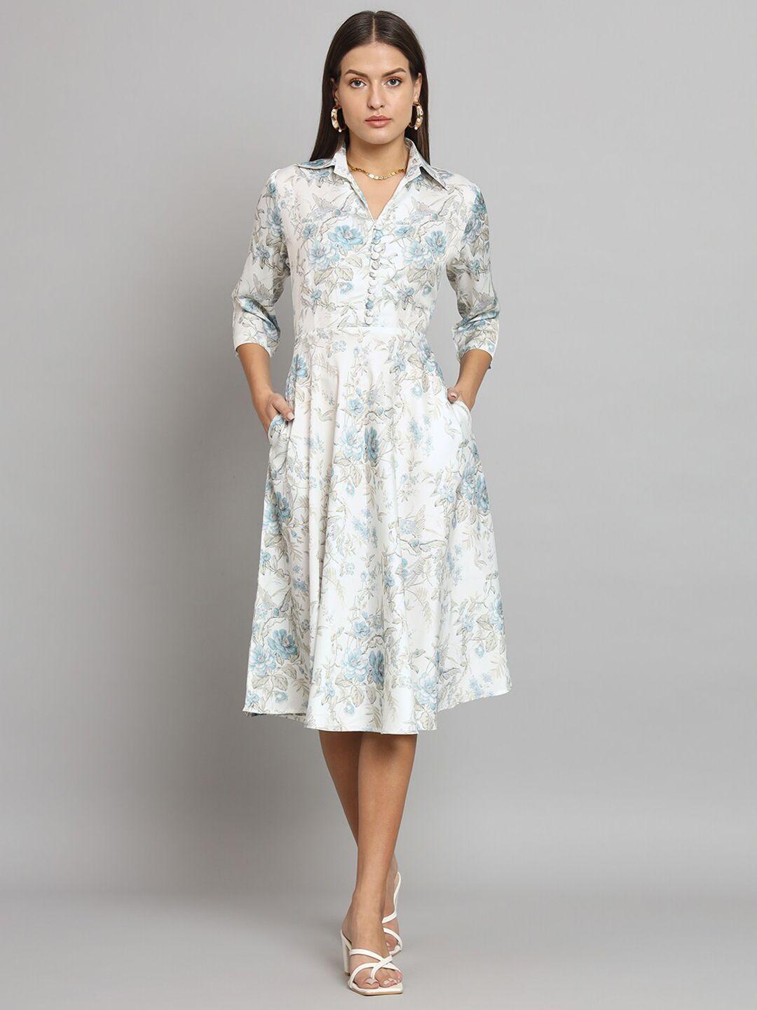 powersutra floral printed shirt collar midi fit & flare dress