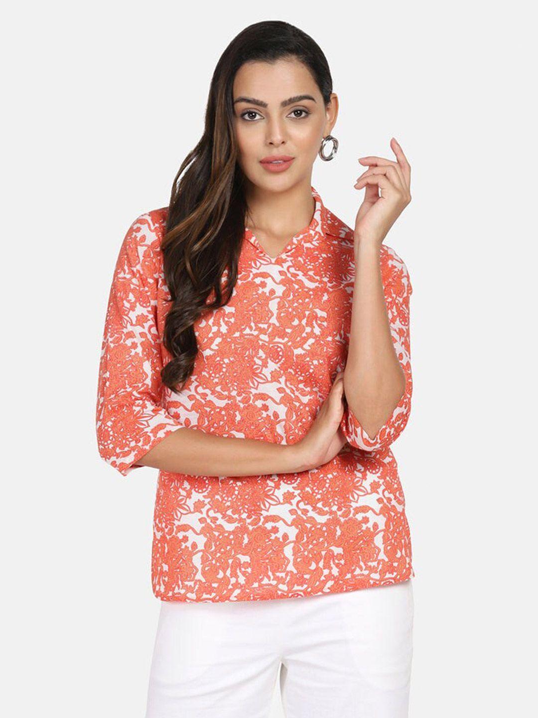powersutra orange & white floral print shirt style pure cotton top