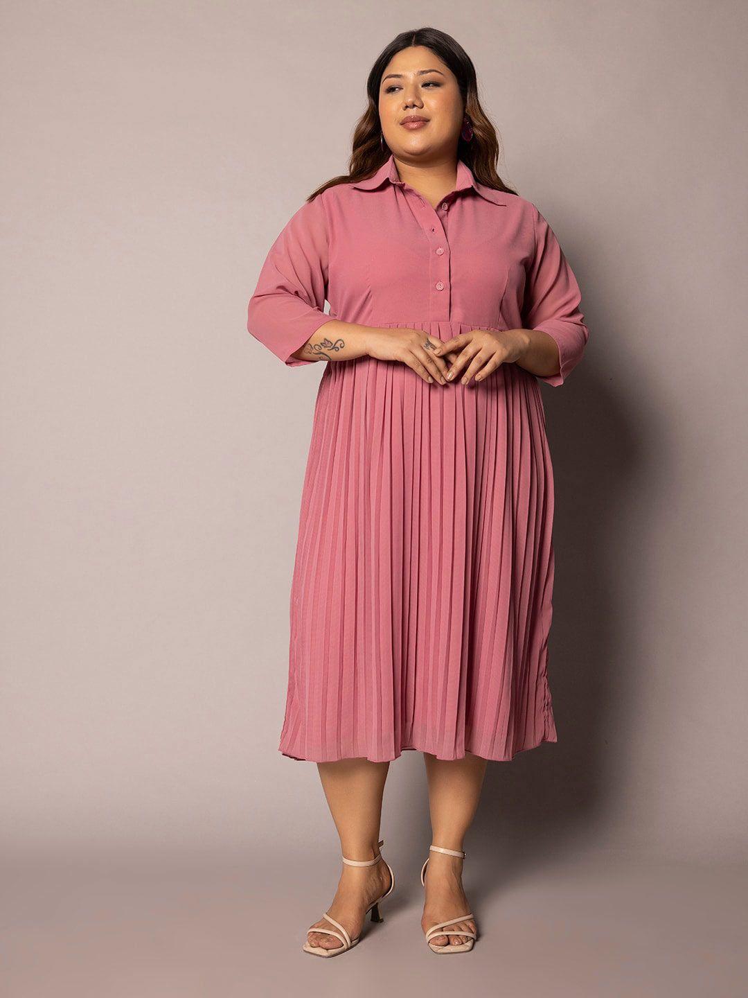 powersutra plus size shirt collar accordion pleats fit & flare midi dress