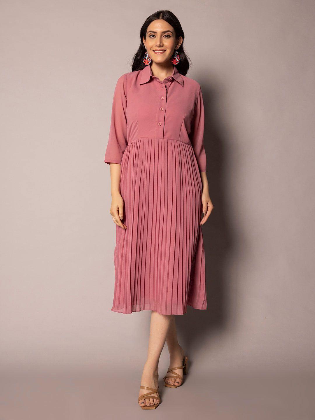 powersutra shirt collar accordion pleats fit & flare midi dress