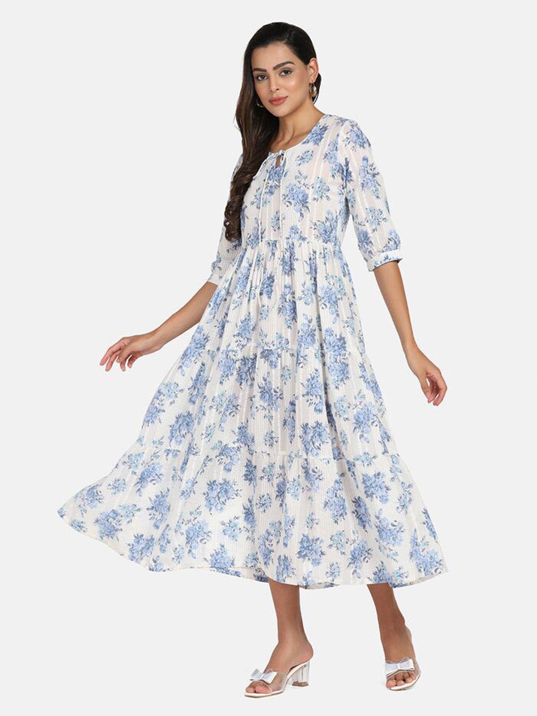 powersutra white & blue floral printed cotton tie-up neck a-line midi dress